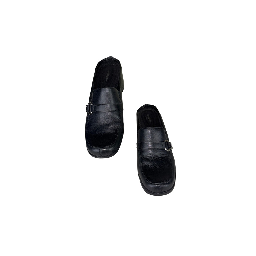 Croft & Barrow Bertie Black Leather Mules Block Heel Loafer Shoes Womens 8 Med